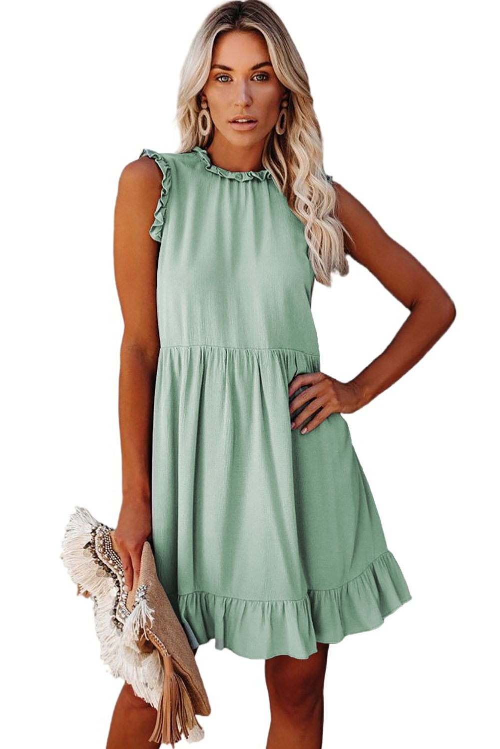 Green Pocketed Ruffle Babydoll Dress