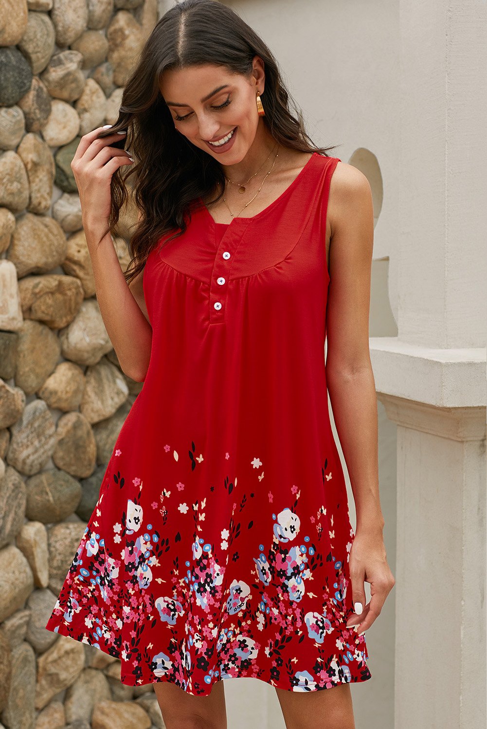 Red Crew Neck A-Line Daily Beach Floral Dress