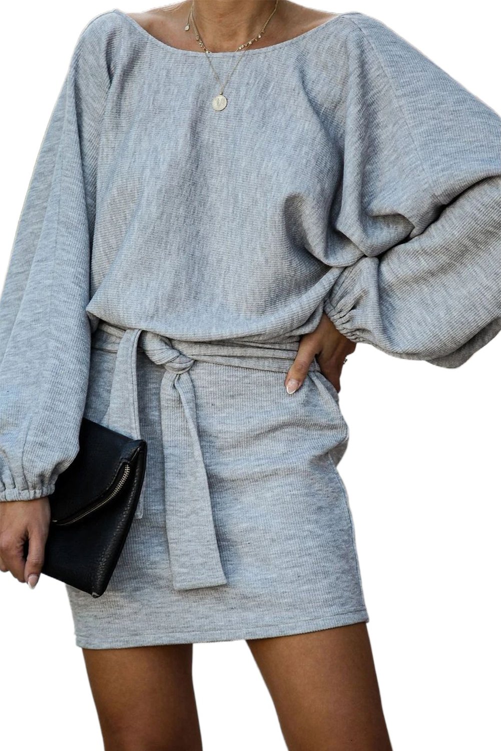 Gray V Neck Ribbed Sweater Dress