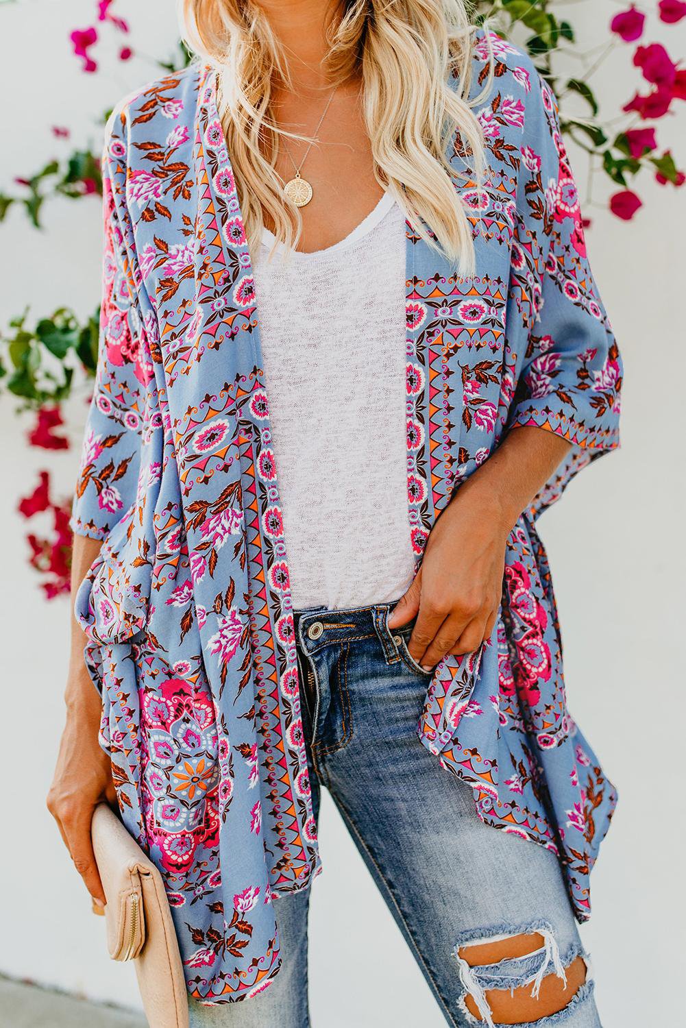 Sky Blue Floral Kimono Cardigan Open Front Cover Up