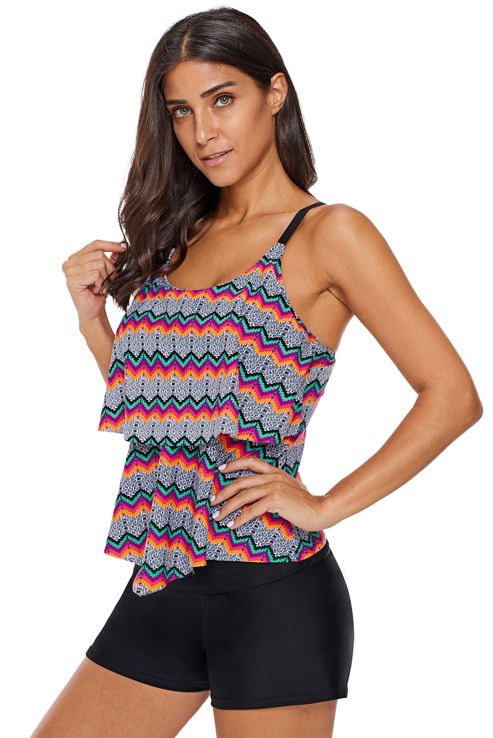 Tribal Print Ruffled Layered Tankini Top