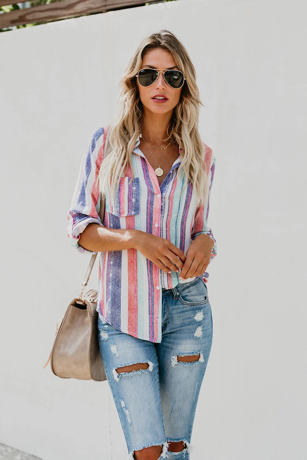 red and white striped button down