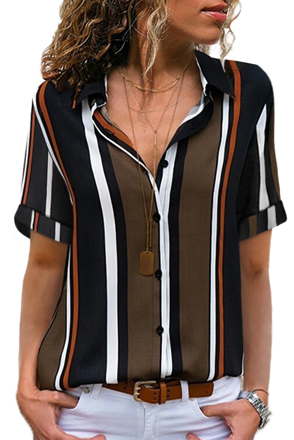 Black Brown Striped Short Sleeve Button Up Shirt
