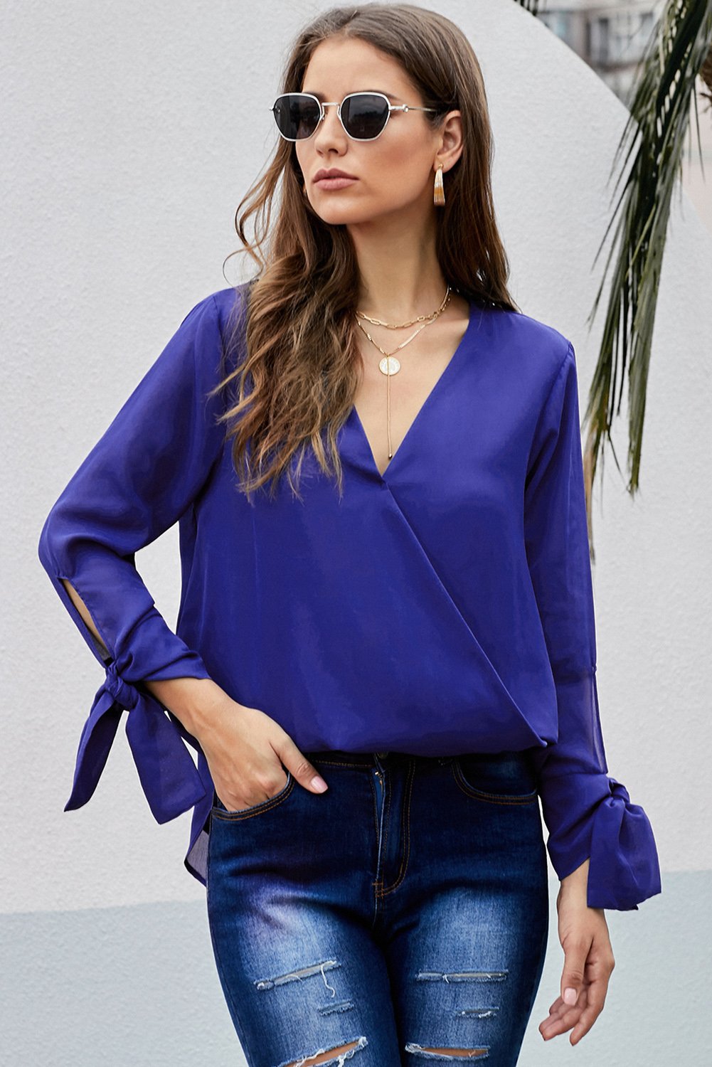 Blue V Neck Ruched Tie Sleeve Top