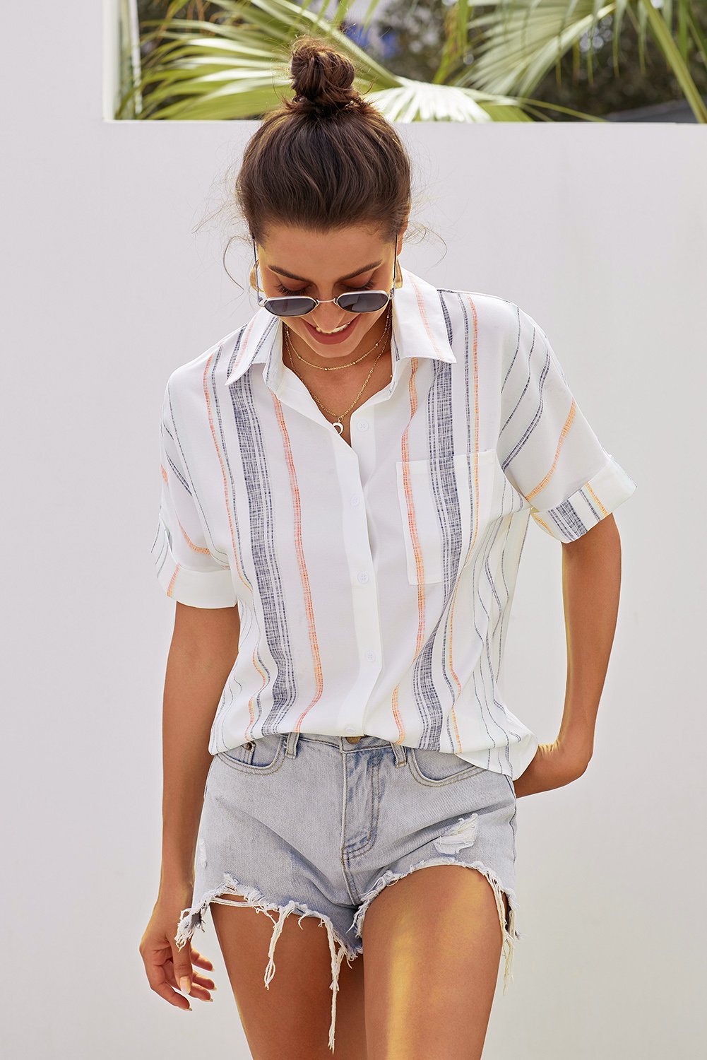 Orange V Neck Stripes Roll Up Sleeve Button Down Shirt