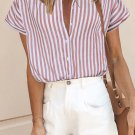 Pink Short Sleeve Buttoned Striped Print Blouse