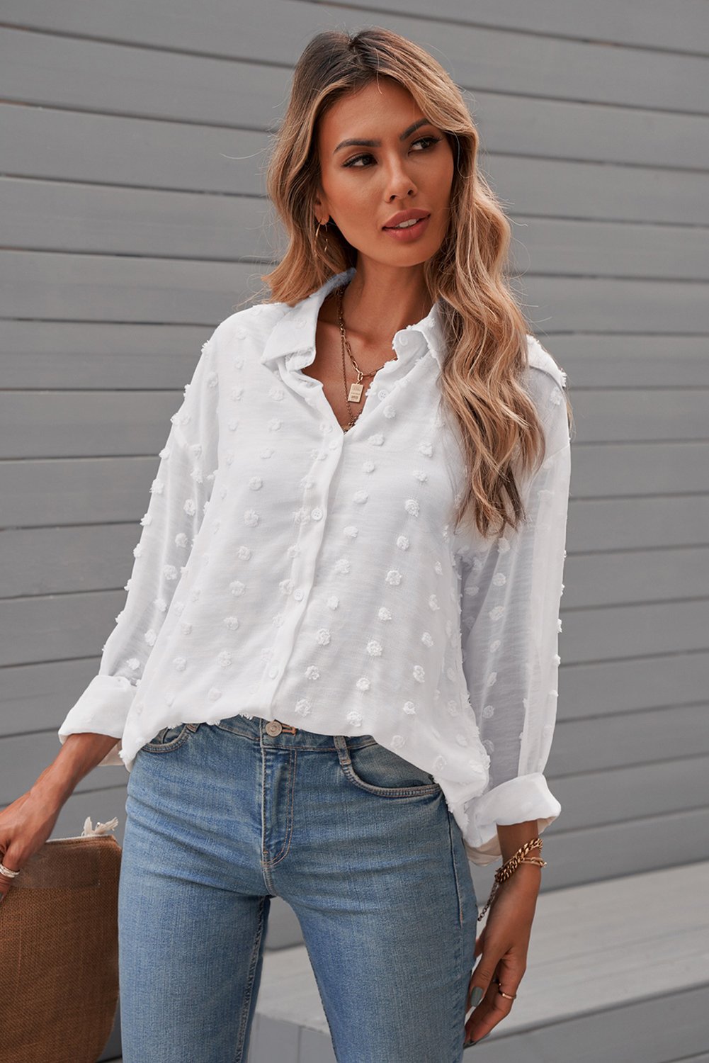 White Long Sleeve Button Fuzzy Polka Dot Shirt