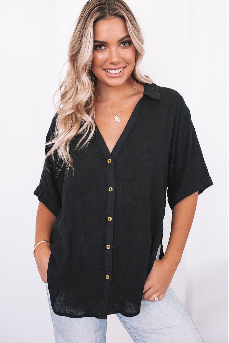 Black Loose V Neck Button Short Sleeve Shirt