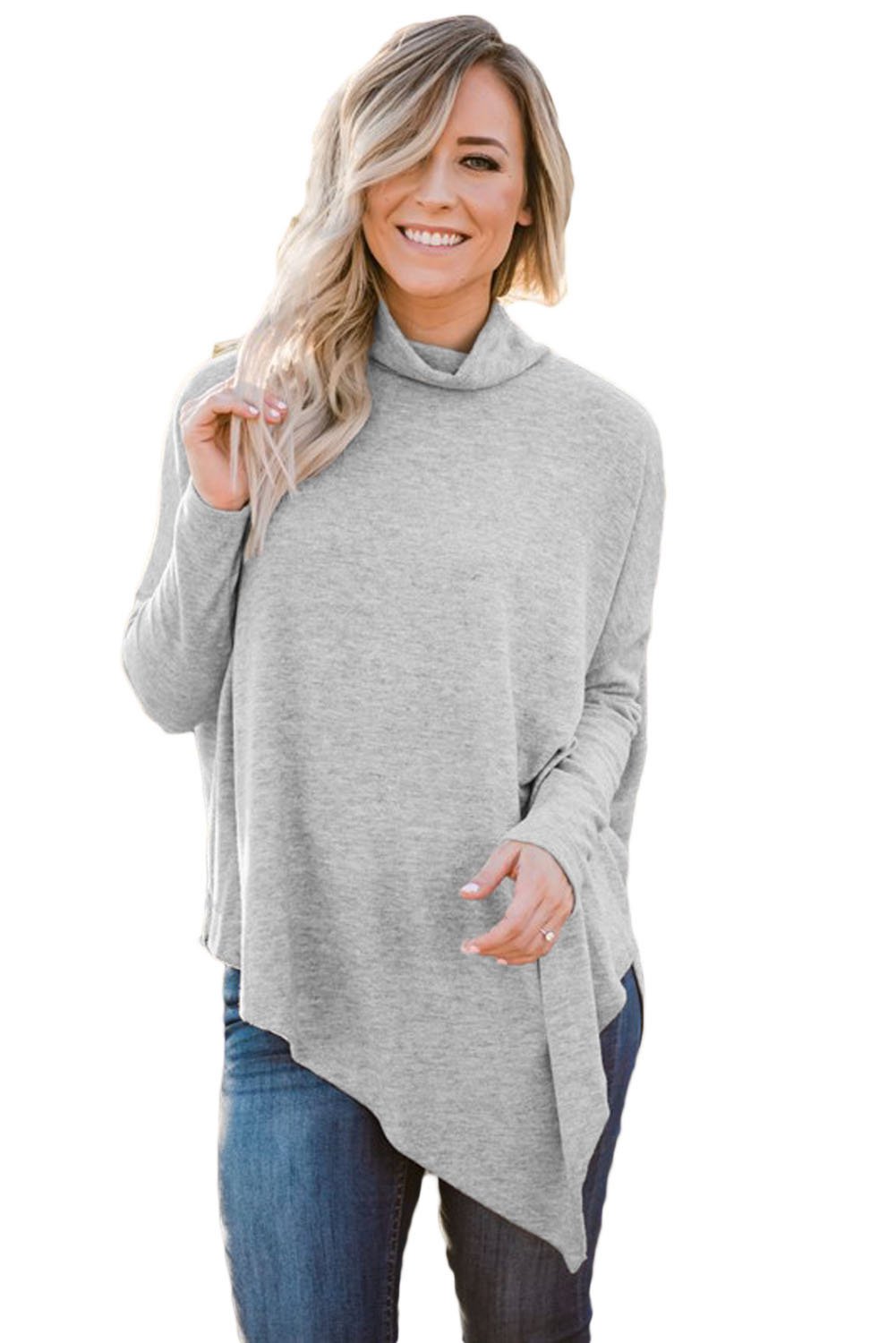 Gray Soft Faux Poncho High Neck Sweater