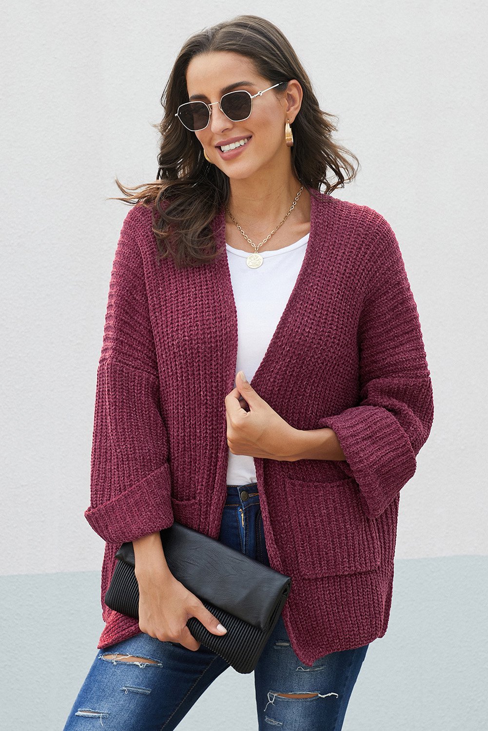 Red Norway Chenille Pocketed Cardigan