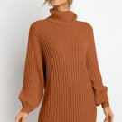 Brown Turtleneck Balloon Sleeve Sweater Dress