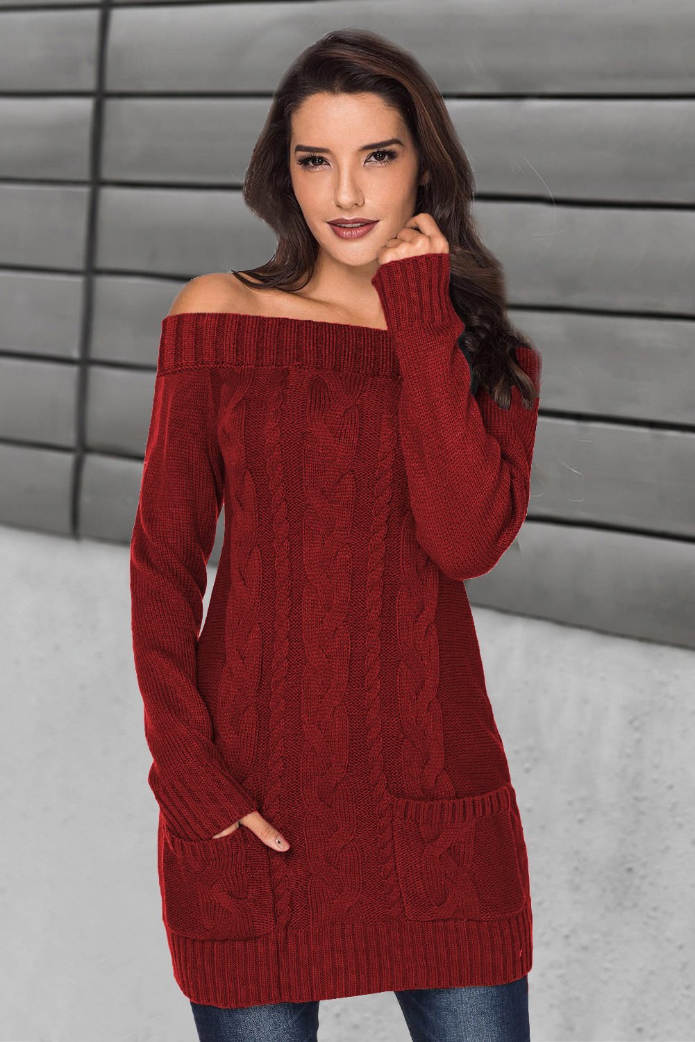 red off the shoulder sweater dress