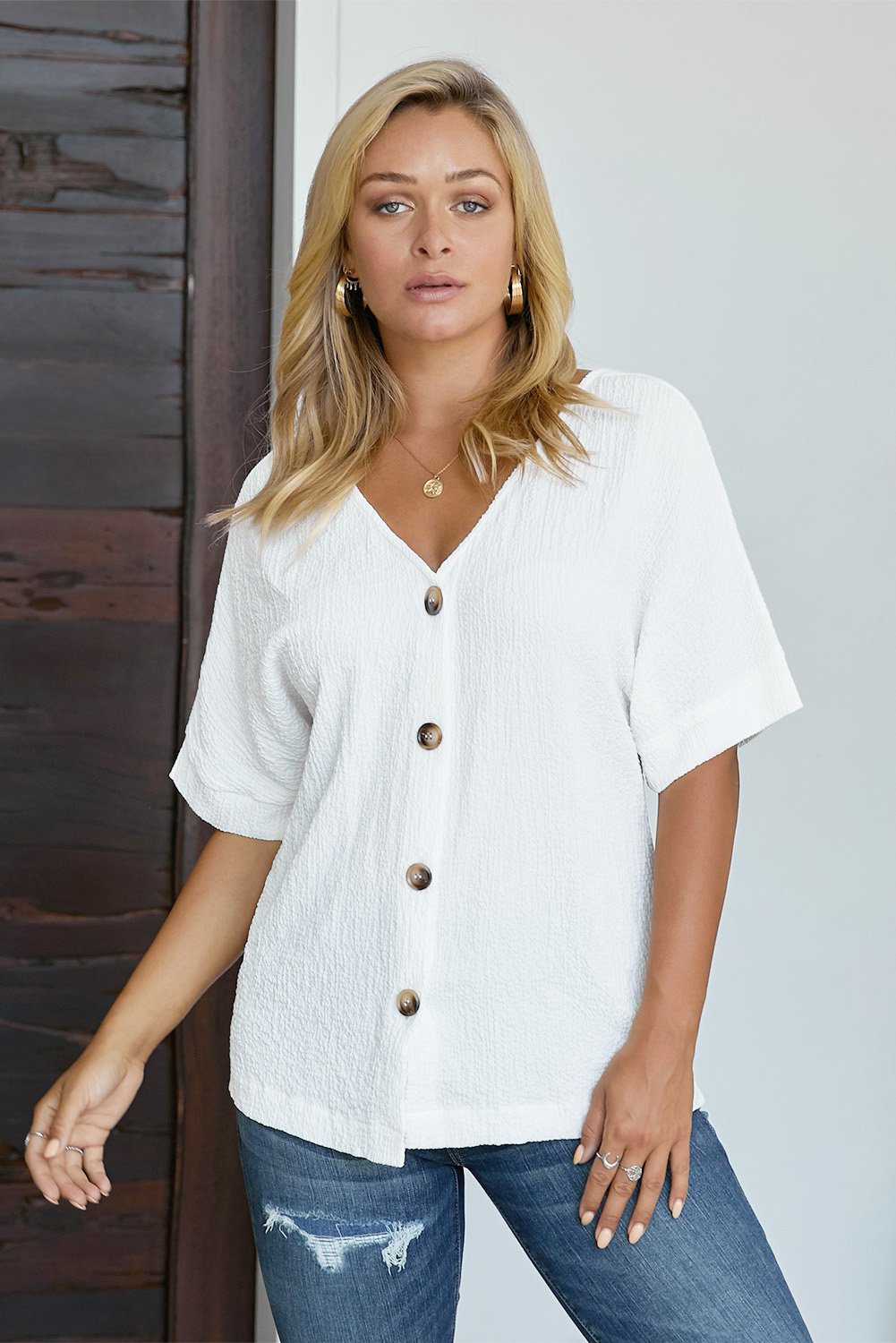 White V Neck Button Front Crinkled Blouse