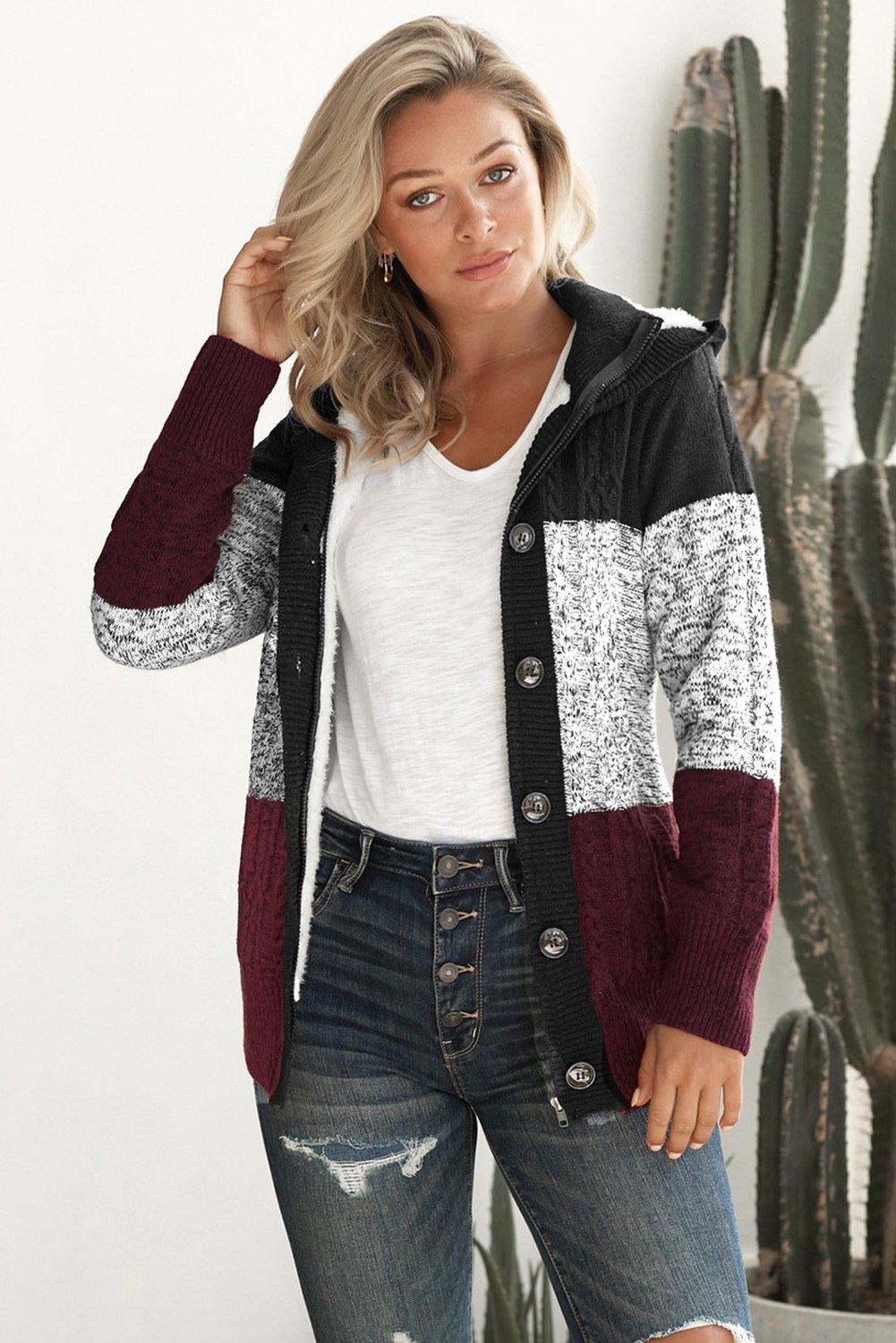 Black Hooded Button Cable Knit Cardigan