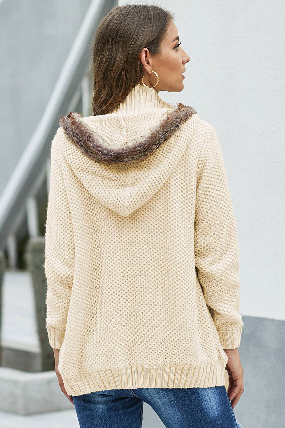 Beige Fur Hood Knit Sweater