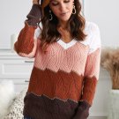 White V Neck Colorblock Textured Knit Sweater