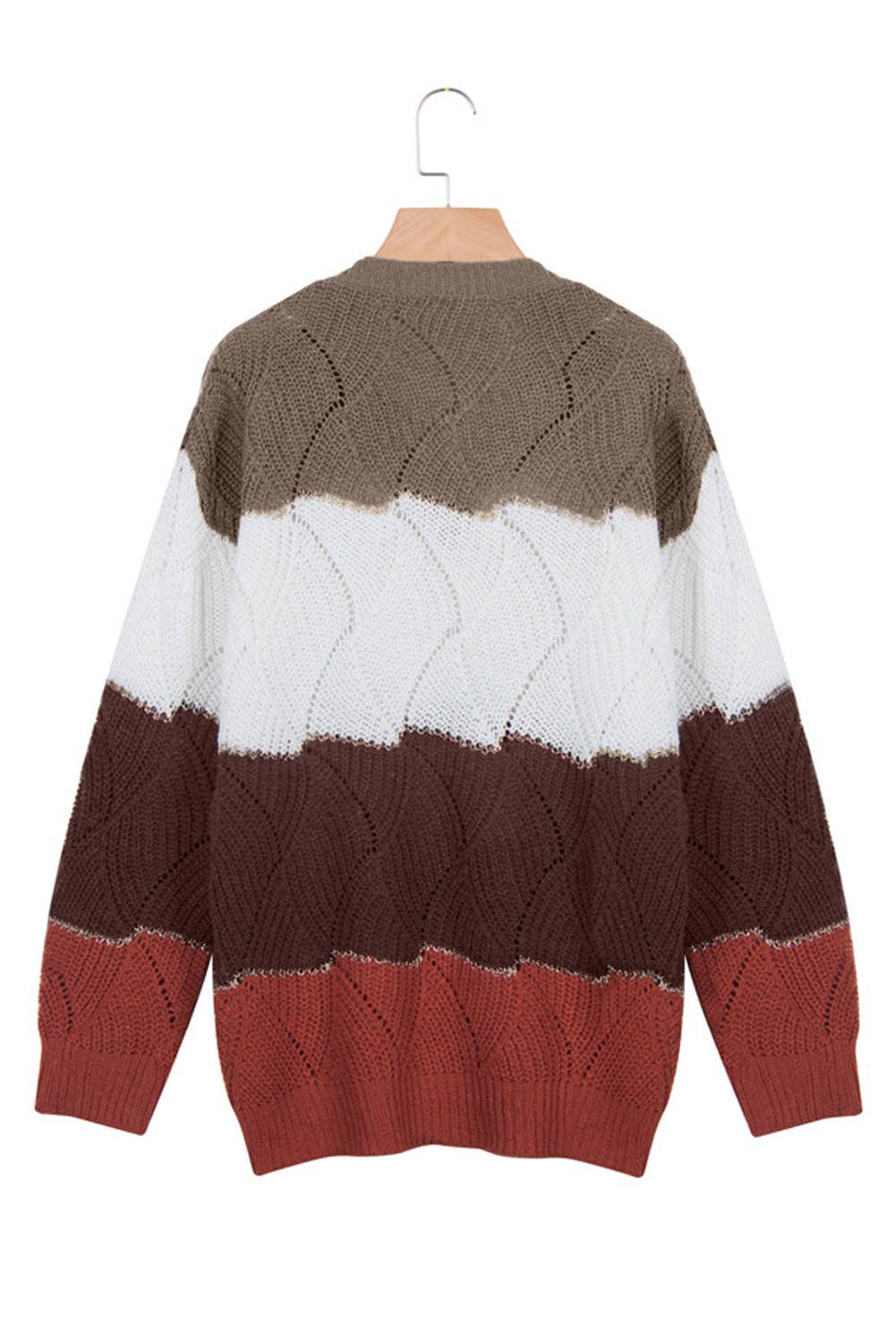 Brown V Neck Colorblock Textured Knit Sweater