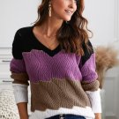 Black V Neck Colorblock Textured Knit Sweater