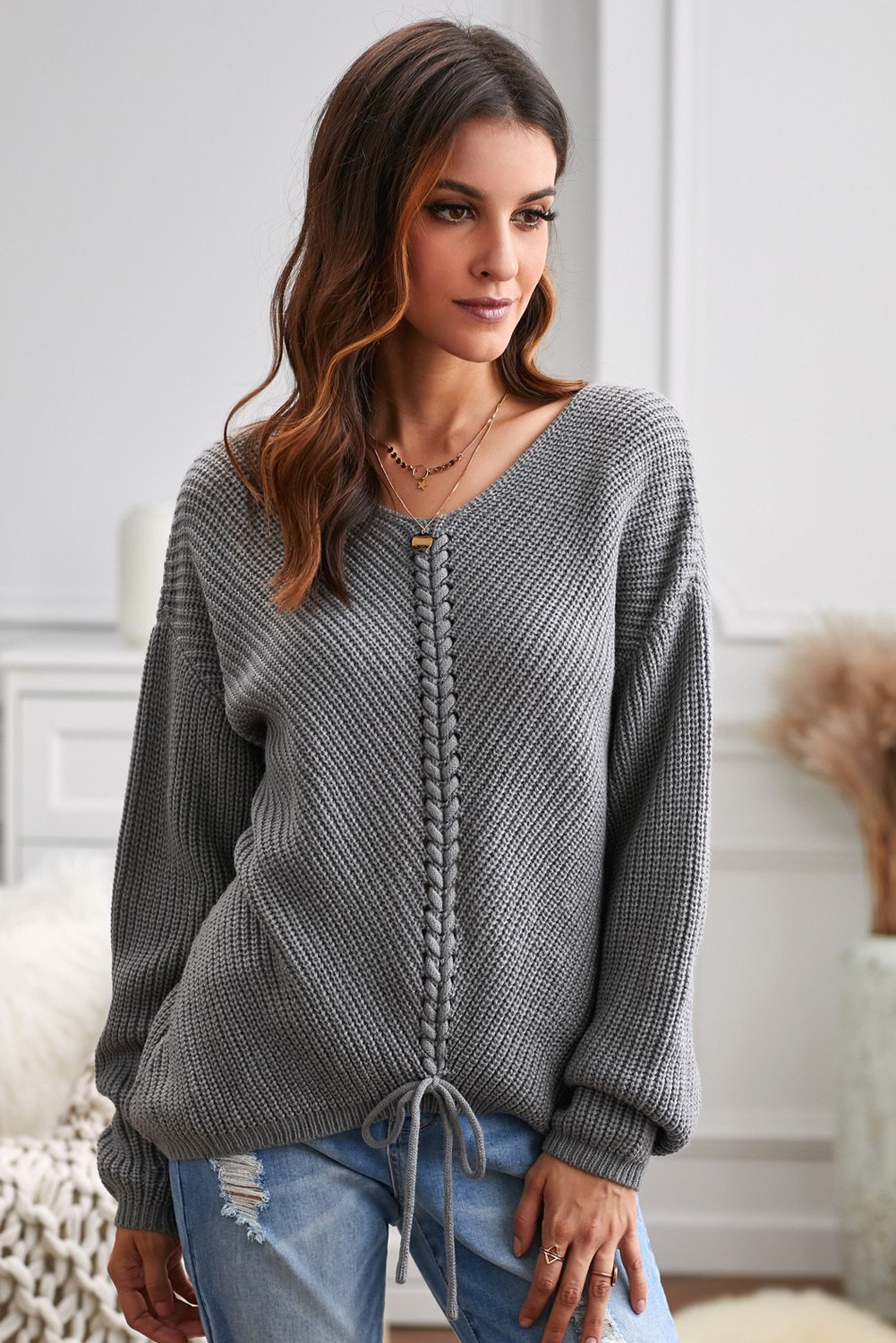 Gray V Neck Lace Up Knitted Sweater