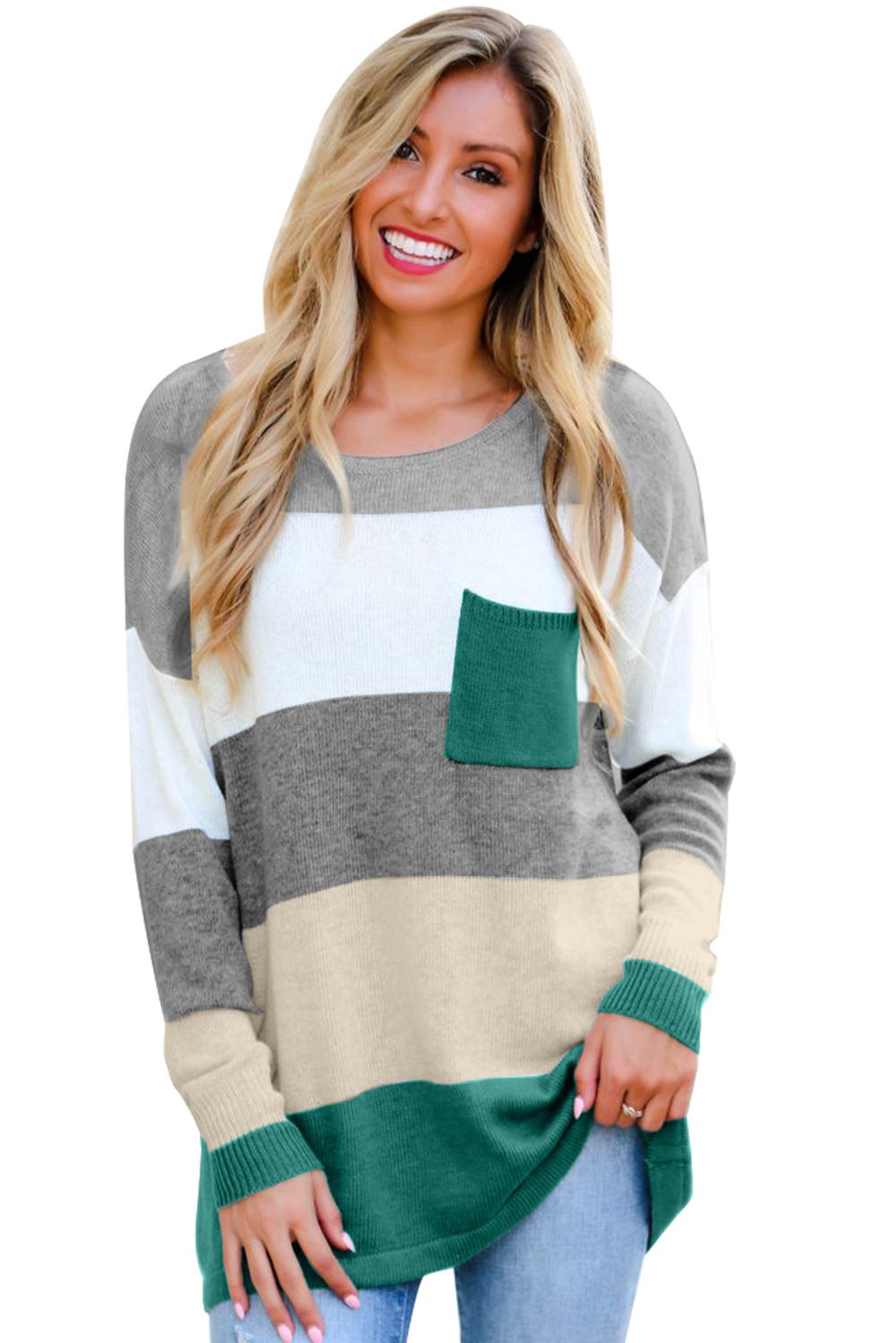 Green Colorblock Pocketed Sweater