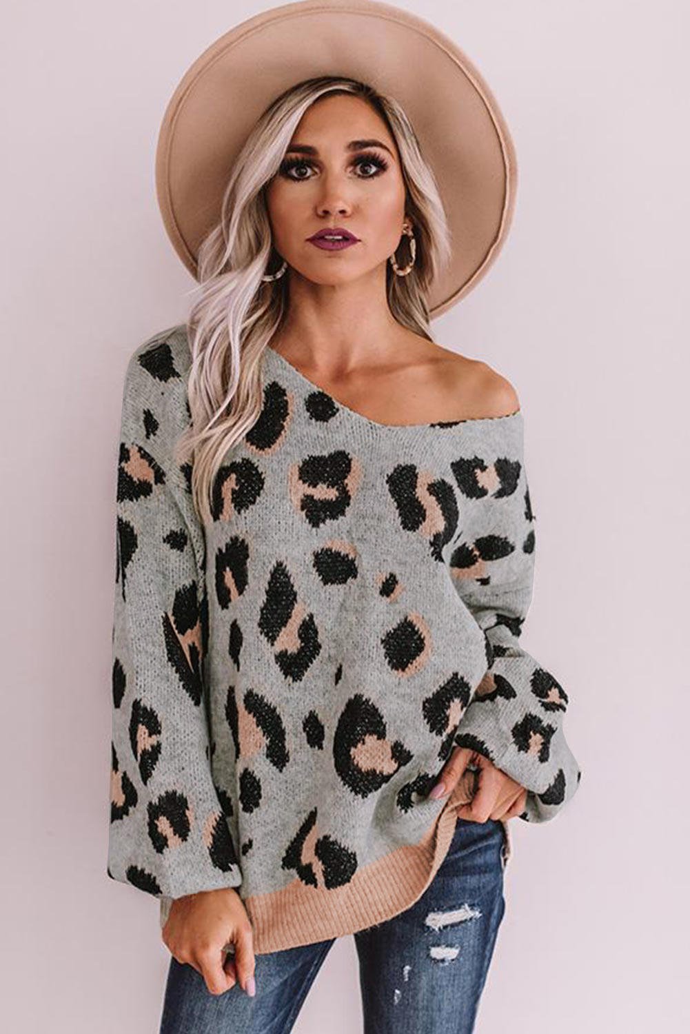 Gray V Neck Leopard Print Puff Sleeve Sweater