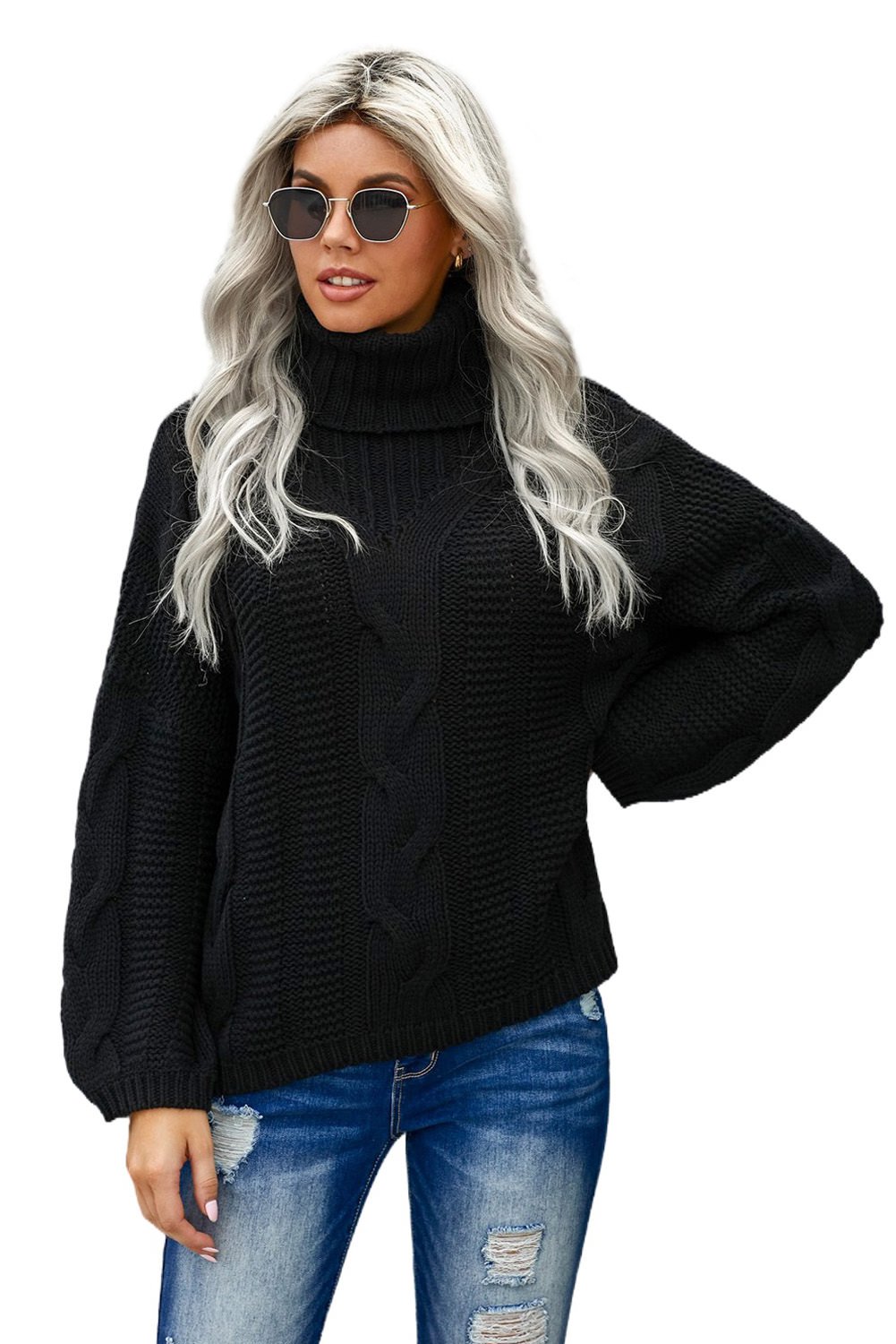 Black Oversize Turtleneck Textured Sweater