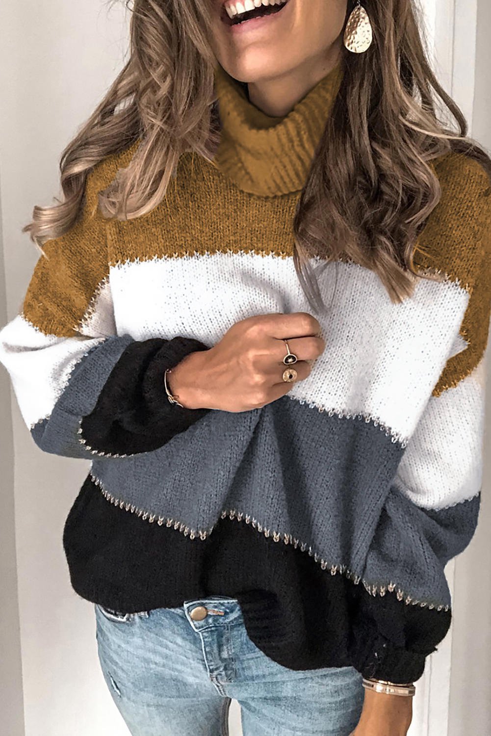 Black Accent Color Block Turtleneck Chunky Knit Sweater