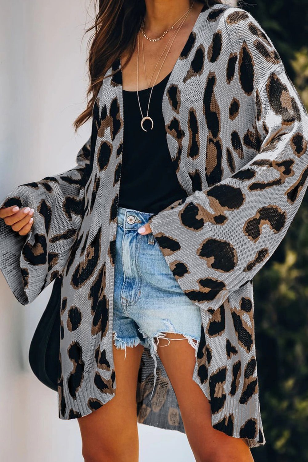 Gray Lightweight Knit Leopard Cardigan