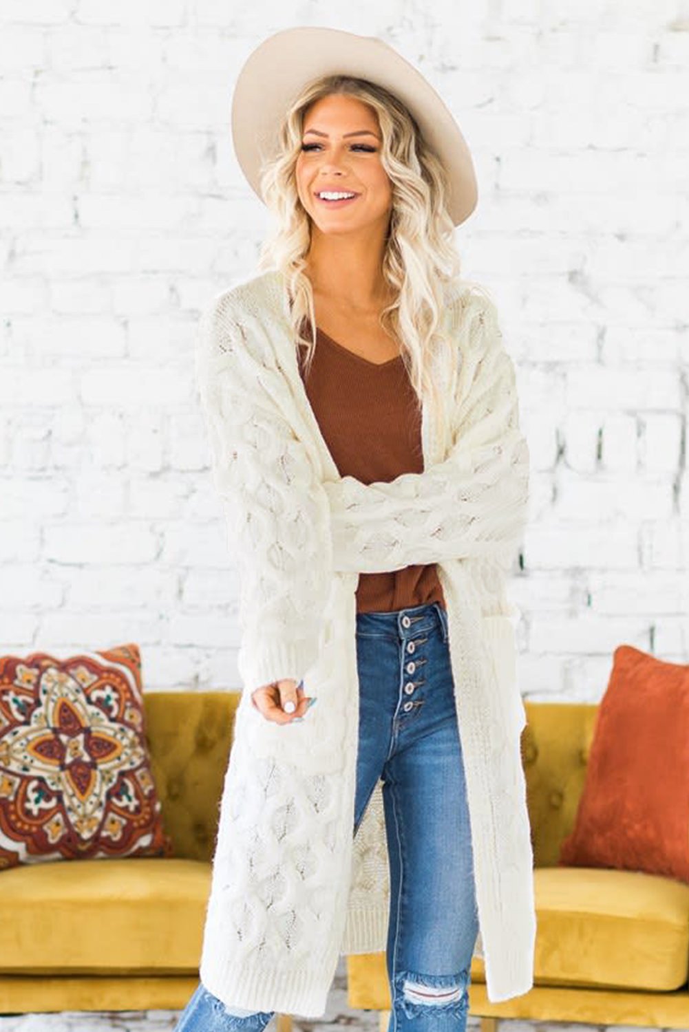 White Textured Cable Knit Cardigan