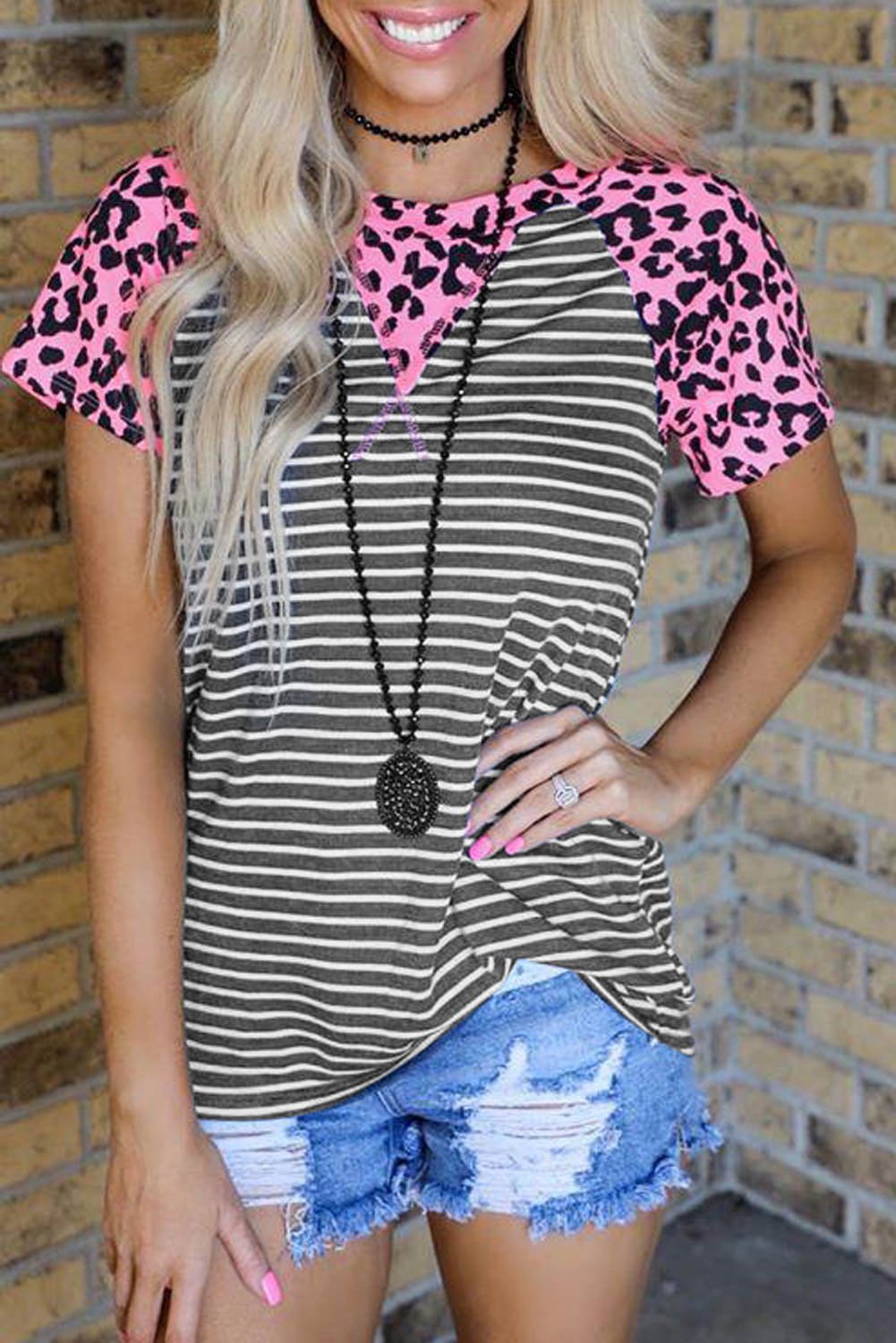 Leopard Print Gray Striped Fashion Top