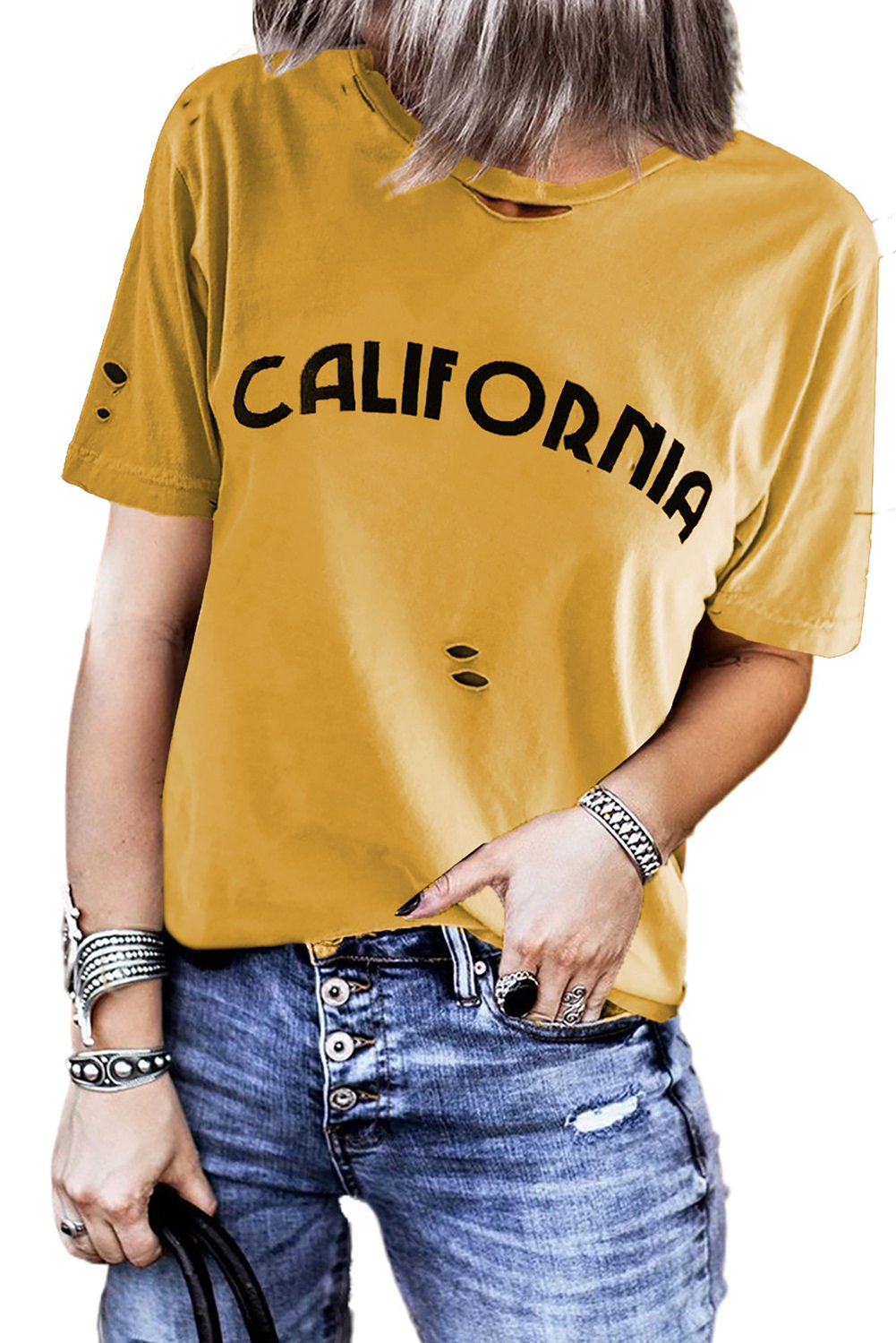 Yellow Letter Print Distressed Tee