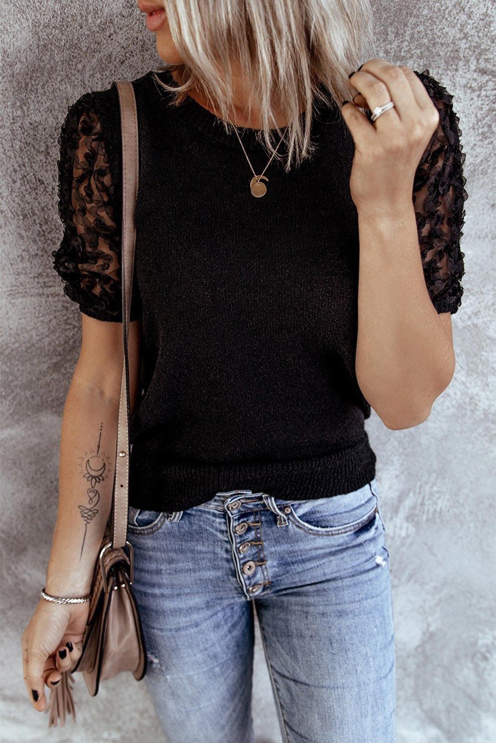 Lace Sleeve Black Sheer Top - Just $7