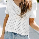 White V Neck Eyelet Knitted Top with Scalloped Trims