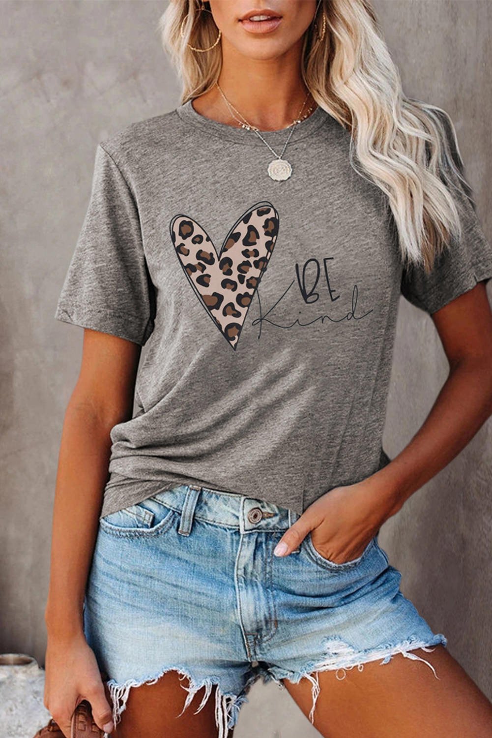 BE Kind Leopard Heart Print Gray T Shirt