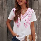 White Floral Embroidery V Neck Short Sleeve Top