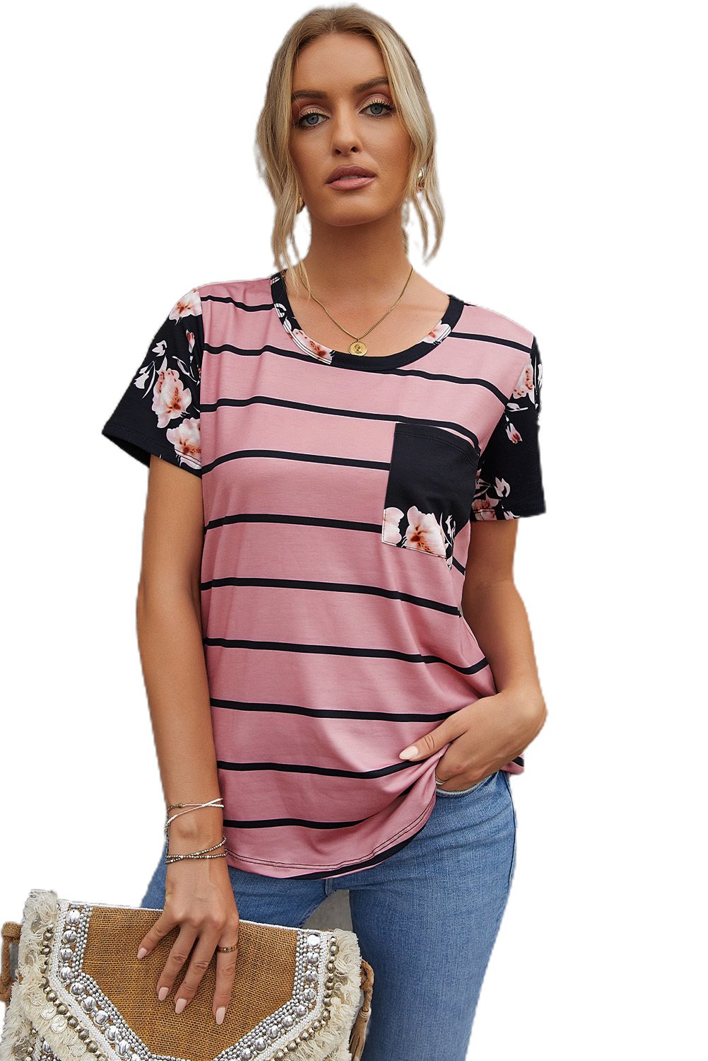 Pink Striped T Shirt with Patch Pocket