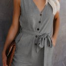 Gray Button V Neck Romper with Belt