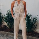 Button Front Patch Pockets Sleeveless Jumpsuit