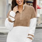 White Color Block Furry Zipped Pullover Sweatshirt Outwear