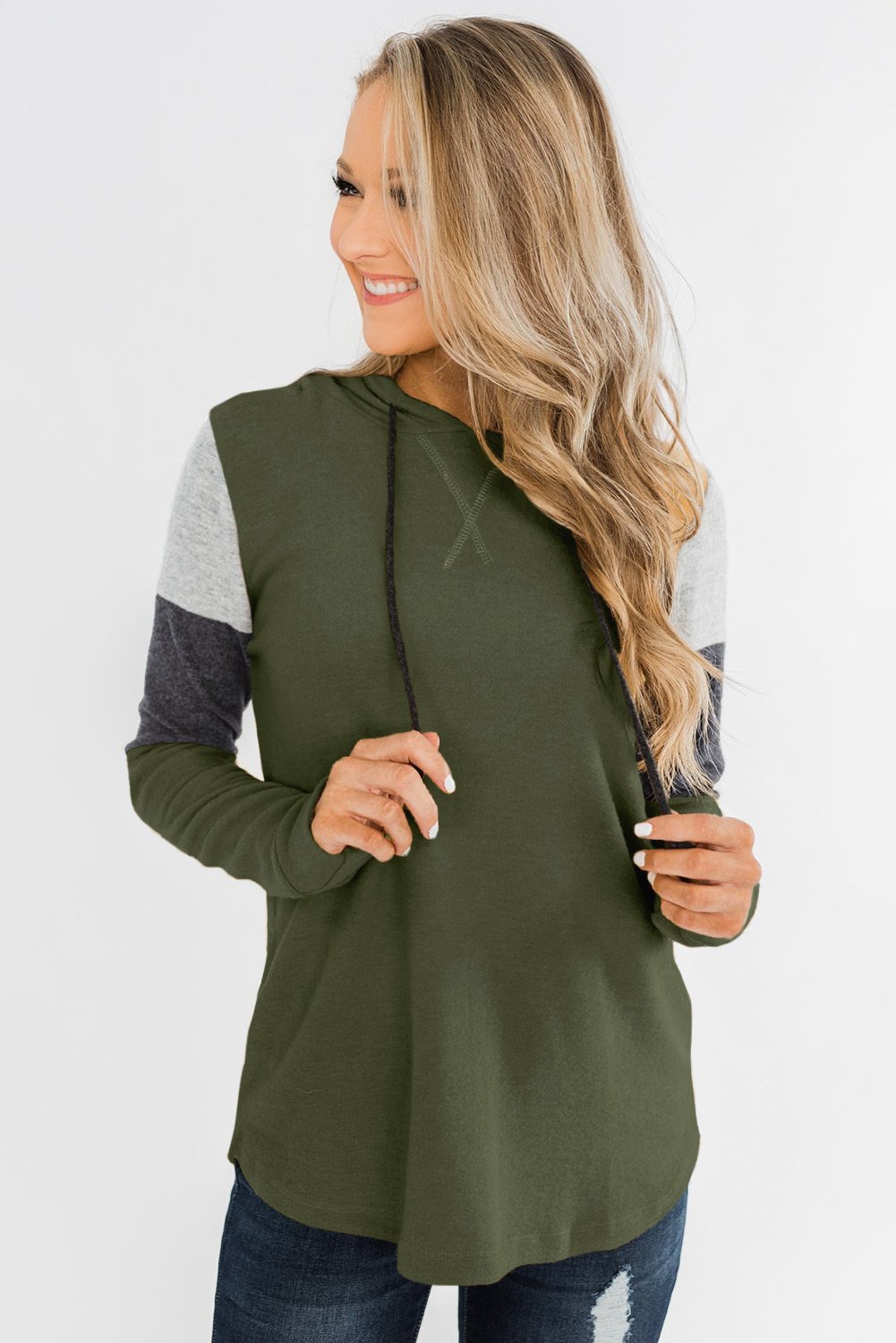Green Color Block Patchwork Long Sleeve Hoodie