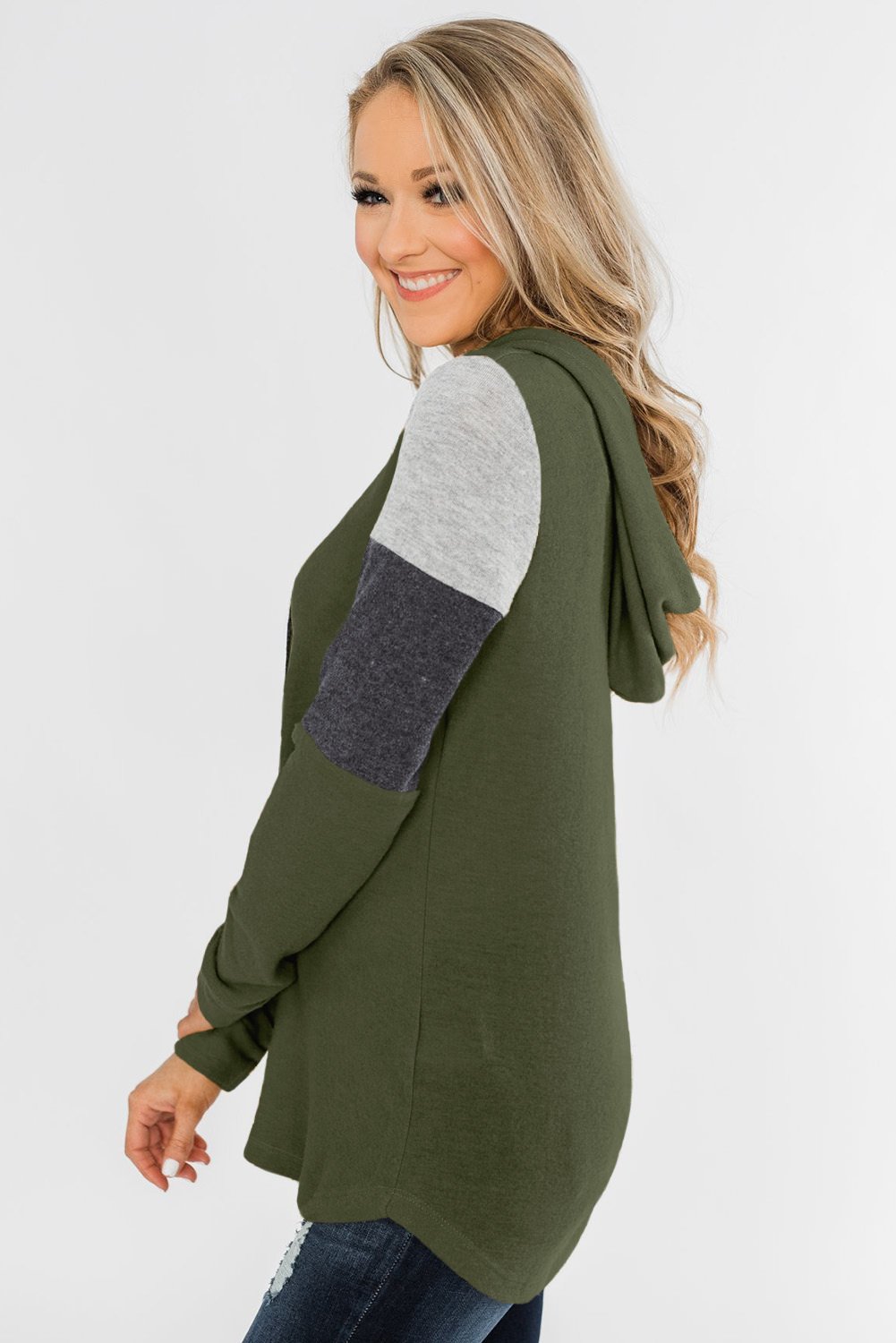 Green Color Block Patchwork Long Sleeve Hoodie