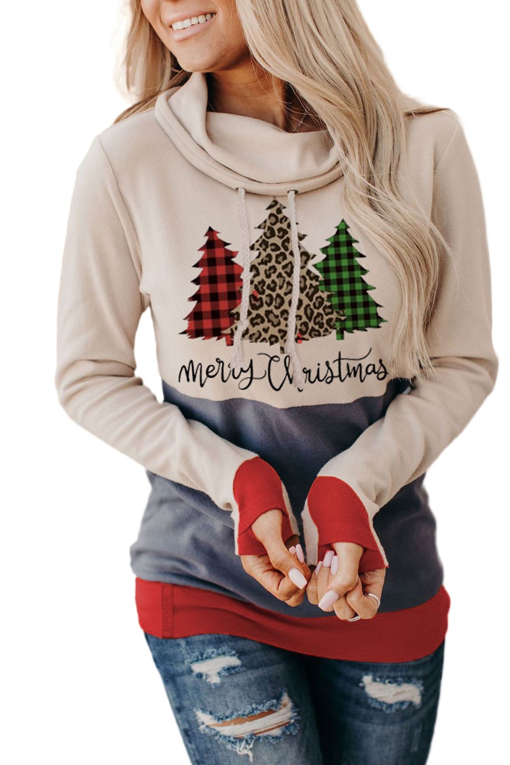 Leopard Christmas Tree Print Hoodie With Thumb Hole