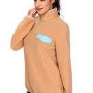 Khaki Stand Collar Buttons Fleece Pullover Top