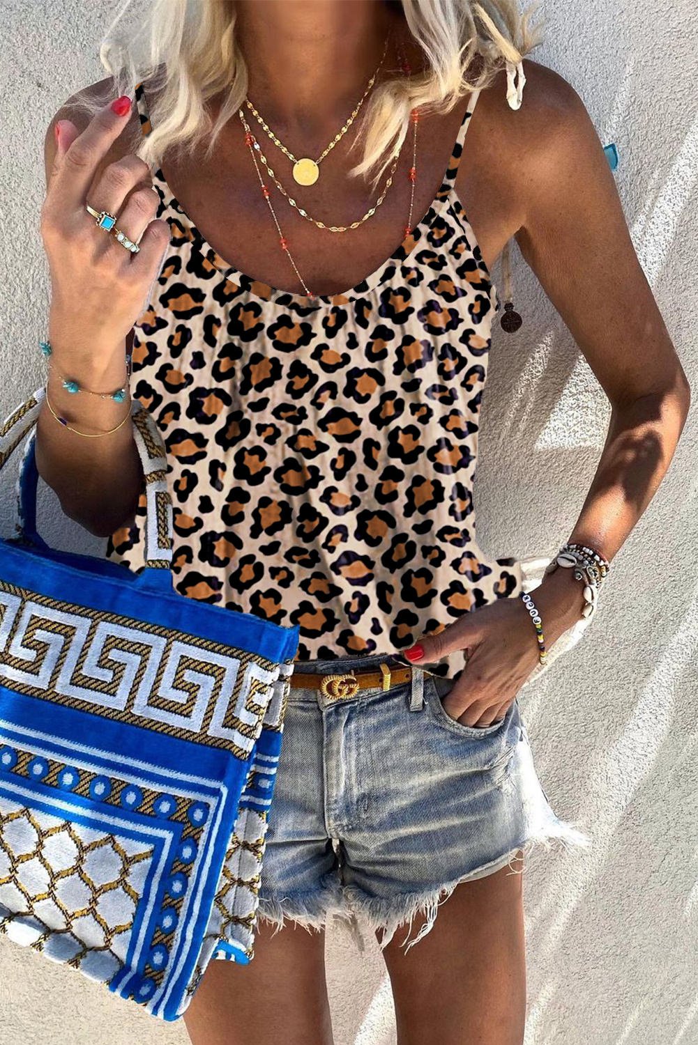 Khaki Leopard Print Spaghetti Strap Pleated Flowing Tank Top