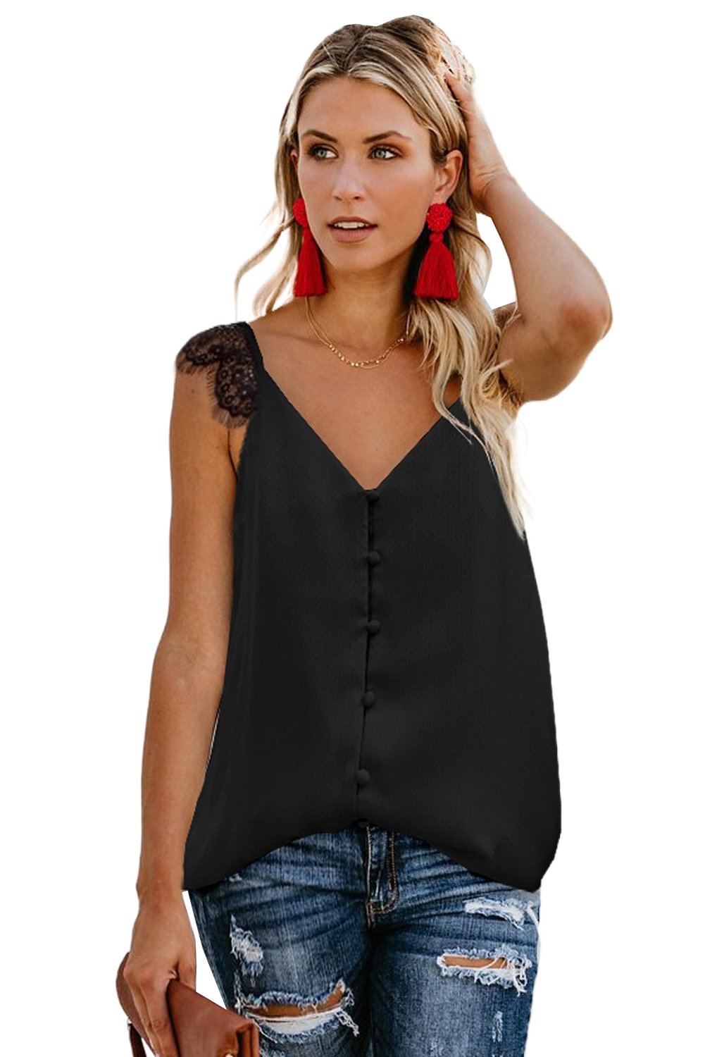 Black Adjustable Lace Straps Buttons Tank Top