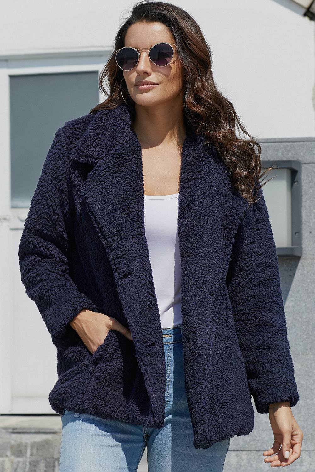 Navy Fleece Open Front Coat with Pockets