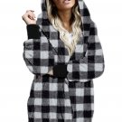 Black Plaid Fuzzy Fleece Open Front Hooded Coat with Pocket