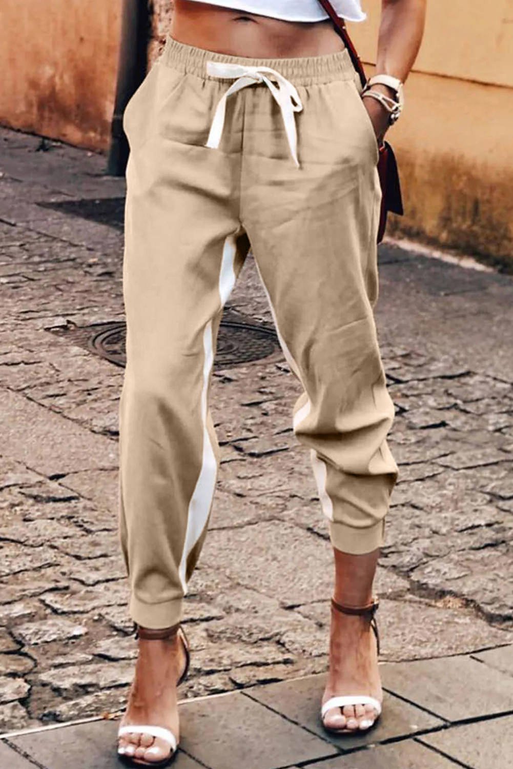 Khaki Casual Striped Drawstring Pants