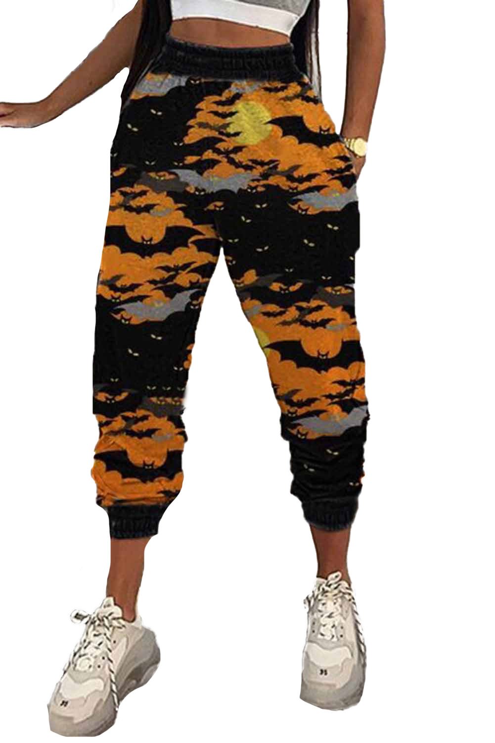 Orange Halloween Bat Print Casual Pants