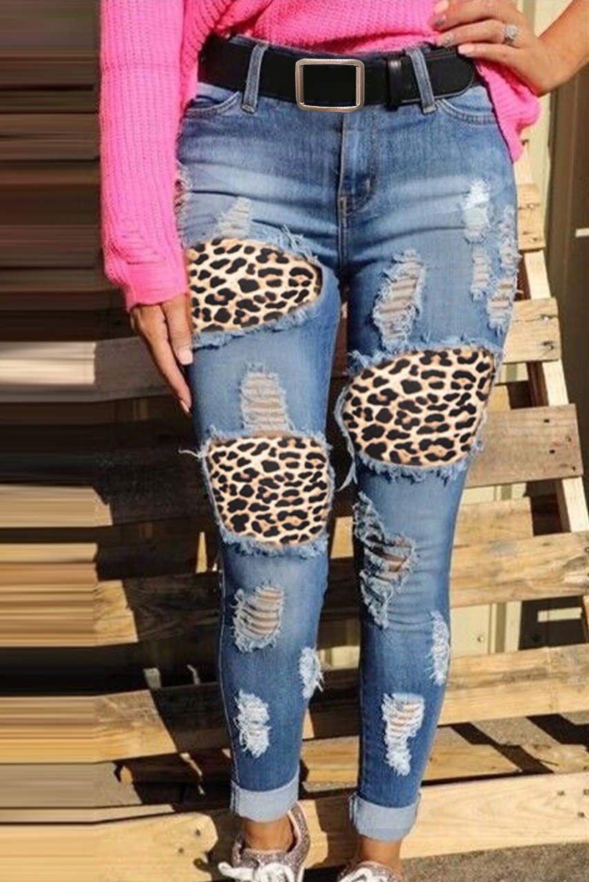 Leopard Print Stitching Ripped Skinny Jeans